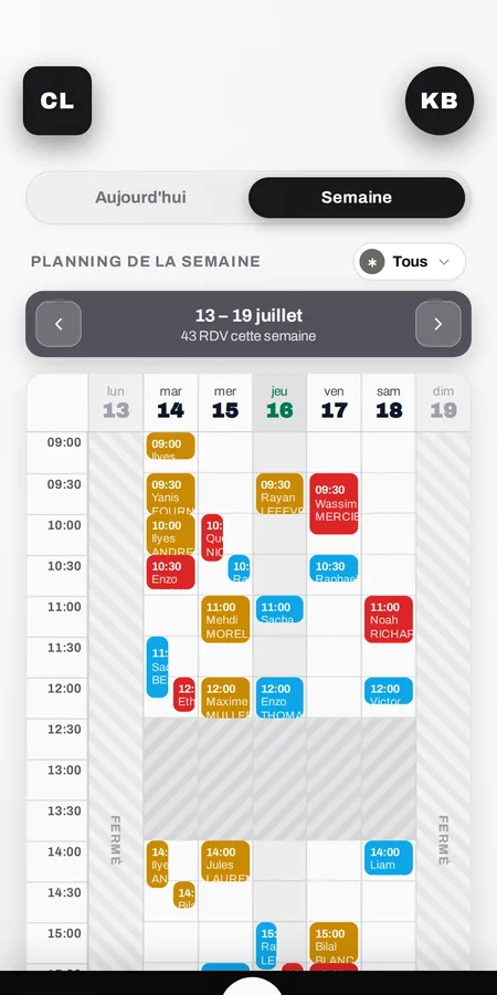 Écran Chairli mobile — planning de la semaine