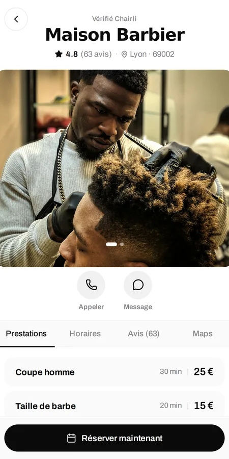 Écran Chairli mobile — fiche salon