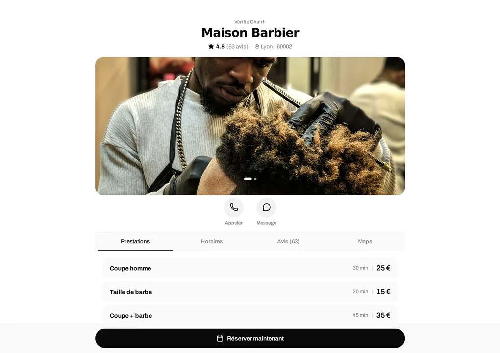 Écran Chairli desktop — fiche salon
